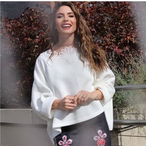 White lace illusion mesh dolman oversize soft fleece lined sweatshirt top